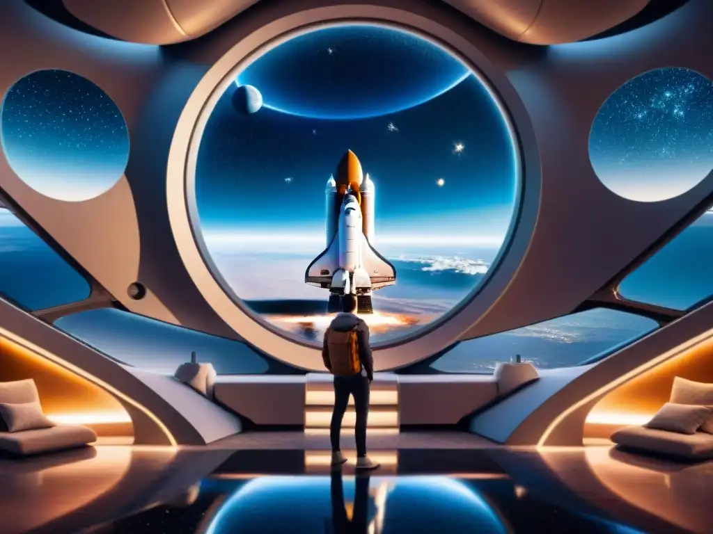 Hotel Espacial: Realidad o Ficción - Un hotel futurista en el espacio, con naves y la Tierra de fondo, entre estrellas y galaxias