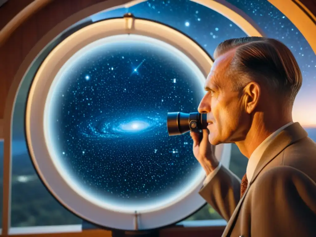 Edwin Hubble examina estrellas en el Telescopio de Hooker, mostrando su dedicación en los Descubrimientos de Edwin Hubble