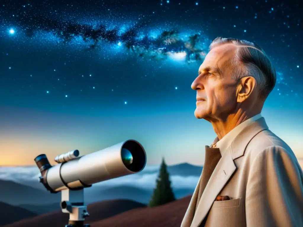 Edwin Hubble maravillado observando el cosmos a través de un telescopio, mostrando la belleza de los descubrimientos de Edwin Hubble