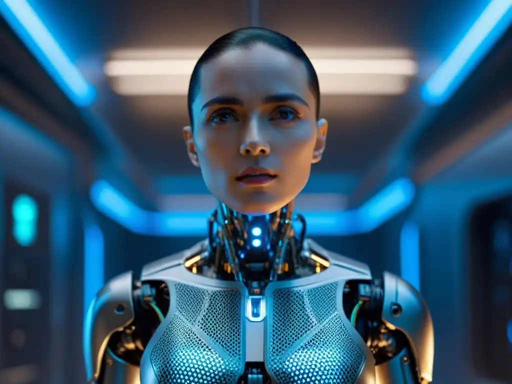 Ava, el robot humanoide de Ex Machina, iluminada en una habitación futurista llena de circuitos, mostrando la esencia de la película