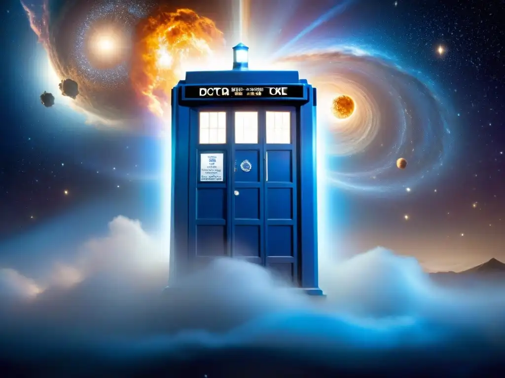 La icónica nave espacial de Doctor Who, la TARDIS, flotando majestuosamente en el espacio infinito