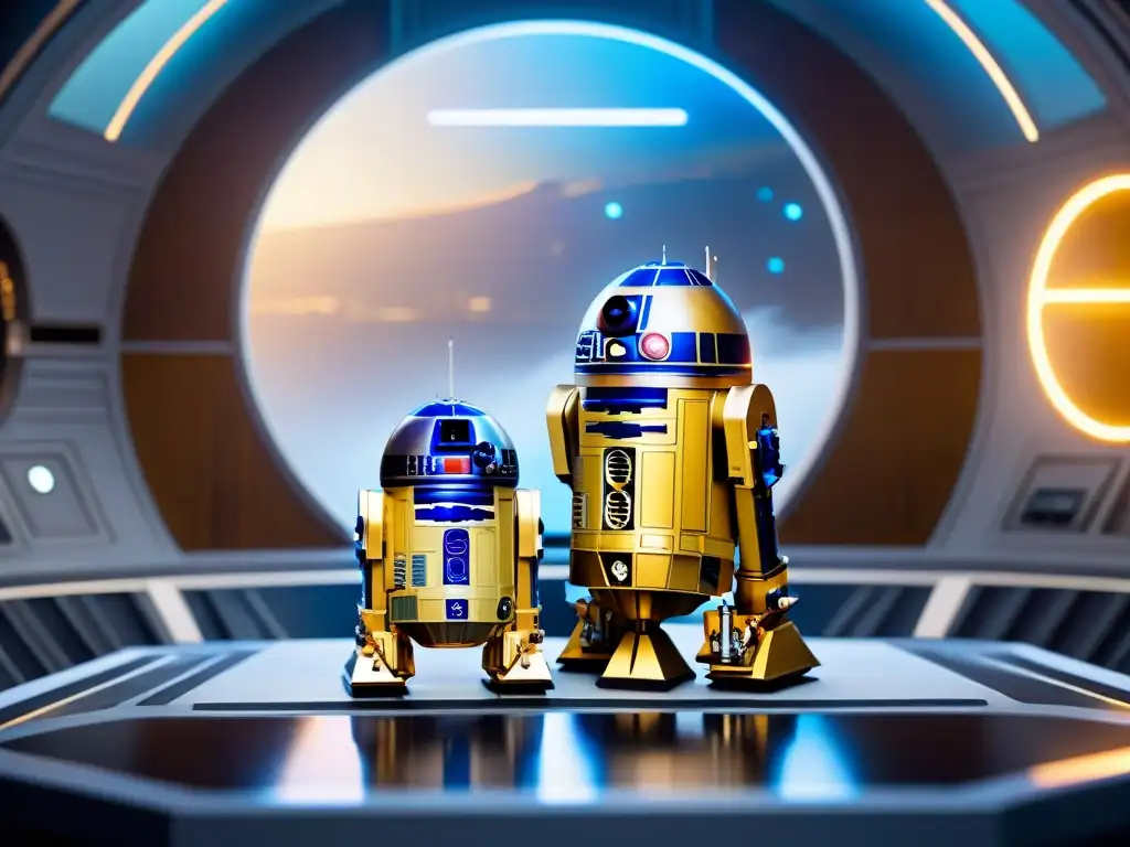 Dos icónicos androides de Star Wars, R2D2 y C3PO, en una nave espacial futurista