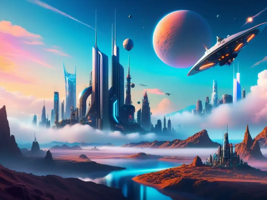 Una ilustración detallada de un paisaje urbano futurista en un planeta distante, con rascacielos imponentes, tecnología avanzada y seres alienígenas