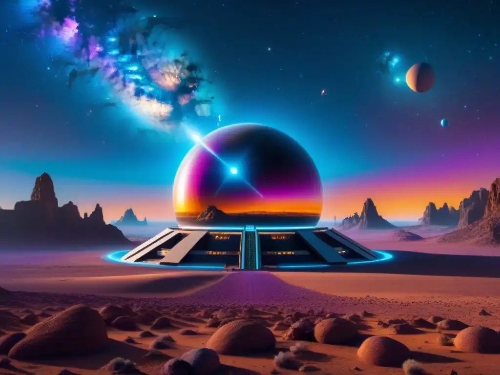 Una ilustración fascinante de una estación espacial futurista en órbita alrededor de un exoplaneta, iluminada por un sistema binario de estrellas