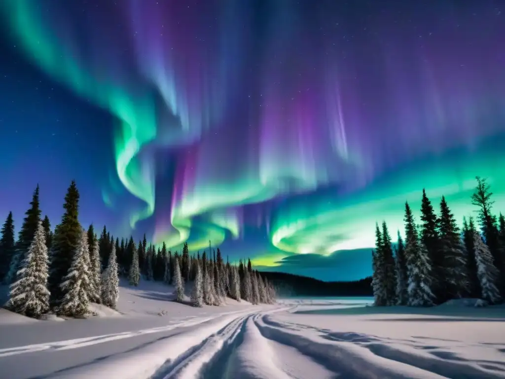 Imagen asombrosa de la aurora boreal danzando en el cielo nocturno, con tonos vibrantes y siluetas de pinos