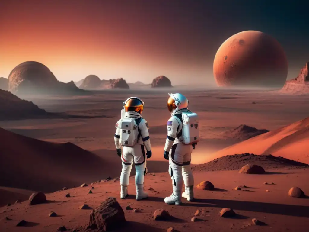 Una imagen detallada de astronautas diversos en trajes futuristas en Marte, con un atardecer marciano de fondo