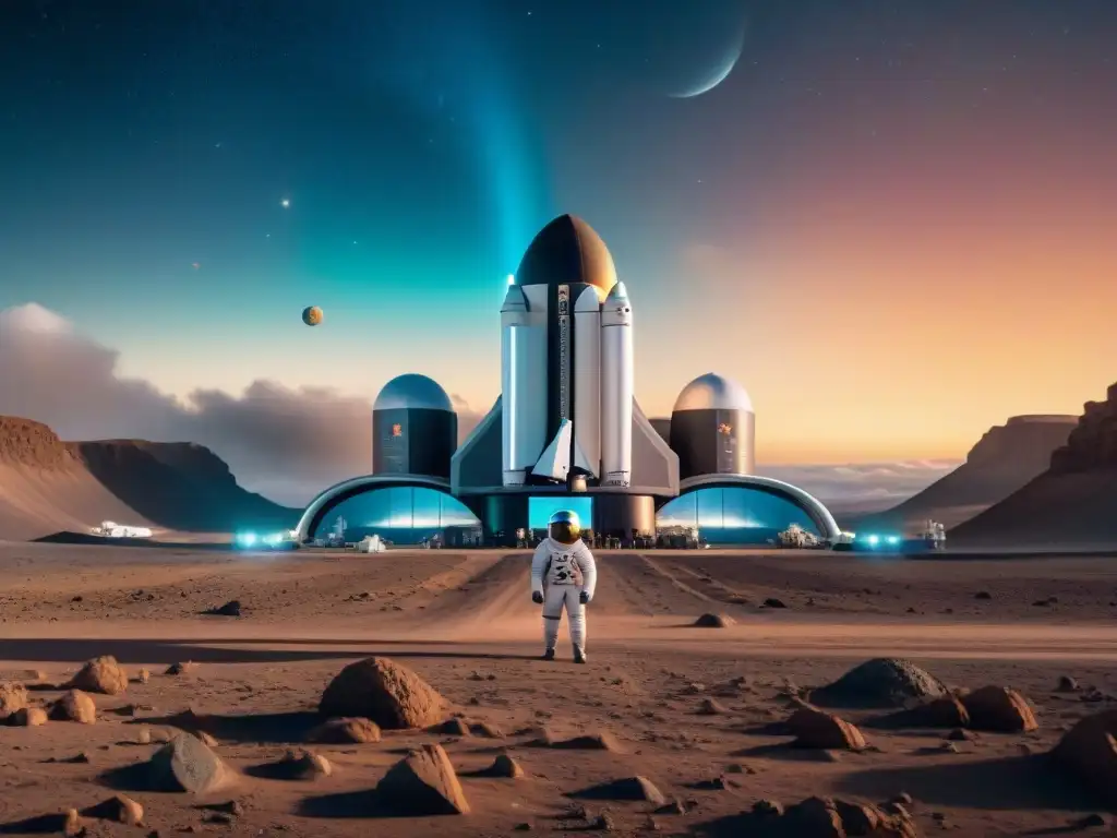 Una imagen detallada de un bullicioso puerto espacial futurista, con diversas naves espaciales y astronautas preparándose para el lanzamiento