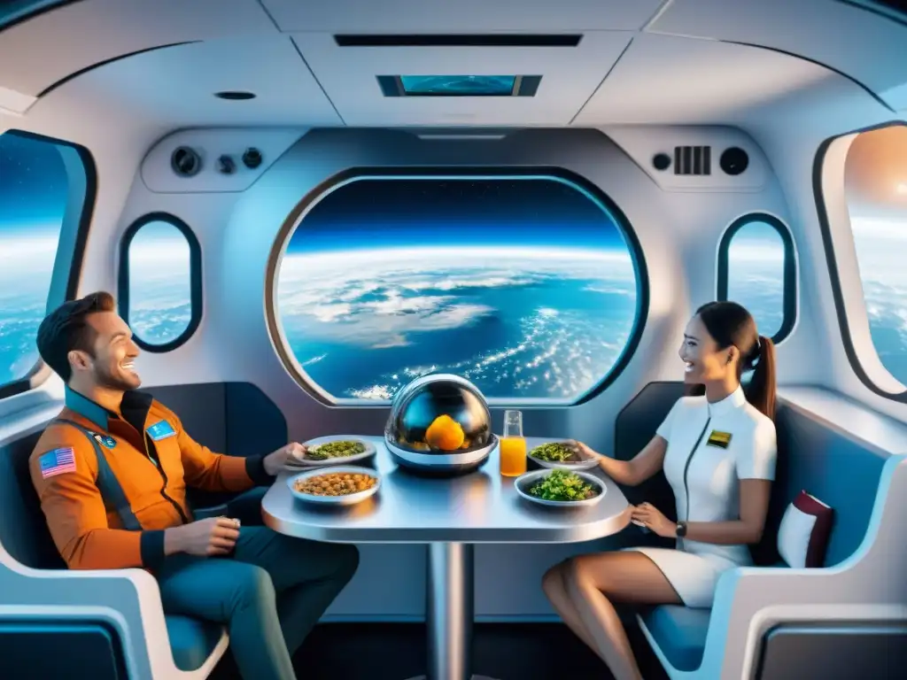 Imagen detallada de una cocina espacial futurista con gadgets para turista espacial, turistas disfrutando comida frente a la Tierra desde el espacio