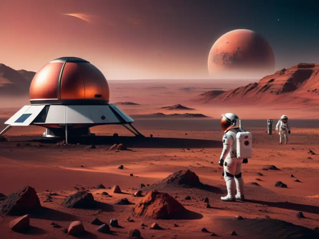 Colonización de Marte por Elon Musk: Imagen detallada de una colonia futurista marciana con astronautas y paneles solares en un paisaje rojizo