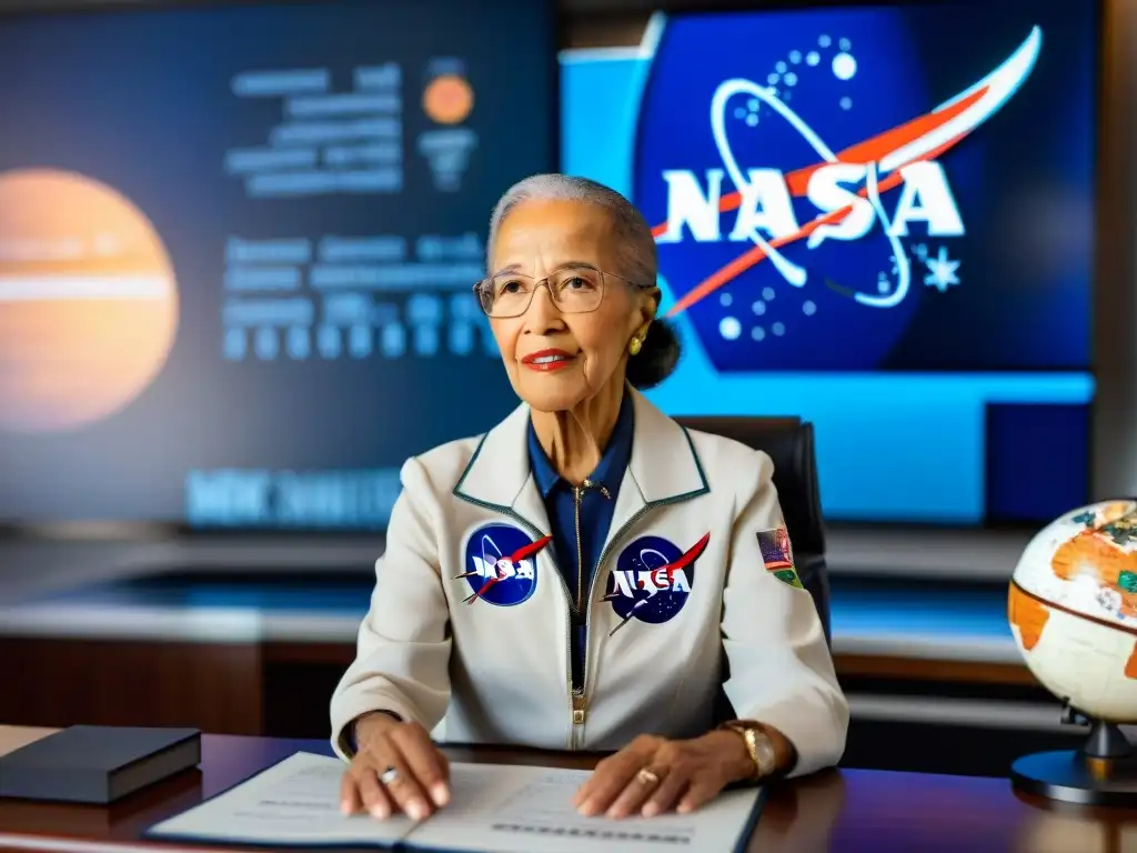 Una imagen detallada de Katherine Johnson en su escritorio en la NASA durante la carrera espacial