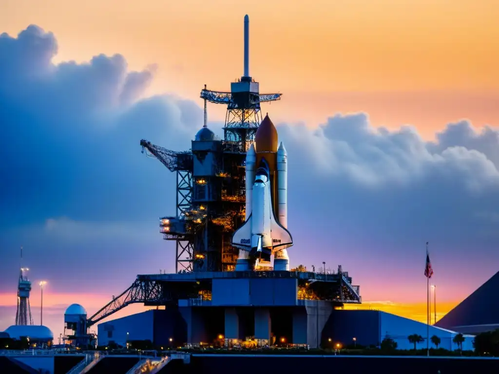 Una imagen detallada de la histórica plataforma de lanzamiento en el Centro Espacial Kennedy, con un amanecer vibrante de fondo, capturando la anticipación y grandeza de un lanzamiento espacial