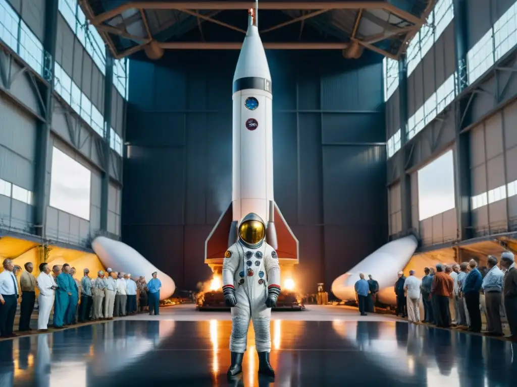 Imagen detallada de Wernher von Braun junto a un cohete gigante en un bullicioso centro espacial