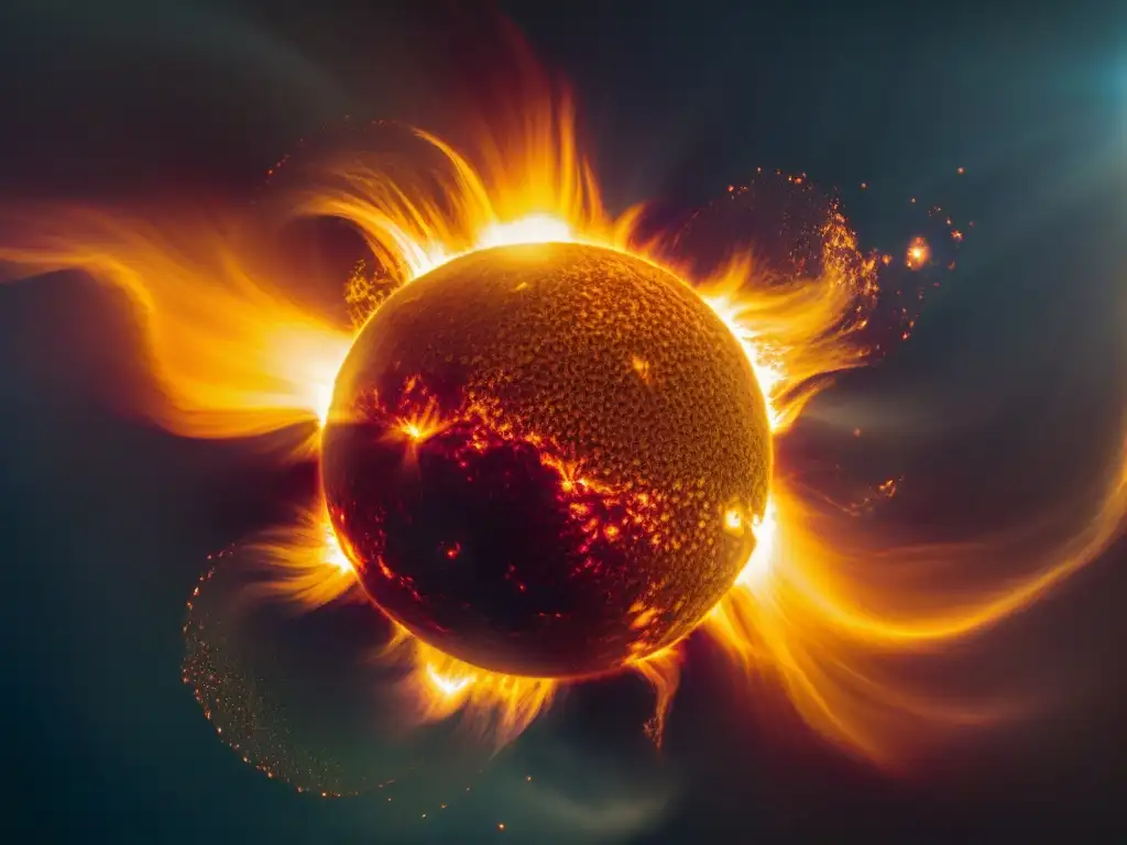 Imagen detallada del Sol con impresionantes exposiciones sobre influencia del Sol: llamaradas solares y la danza de bucles magnéticos en su superficie