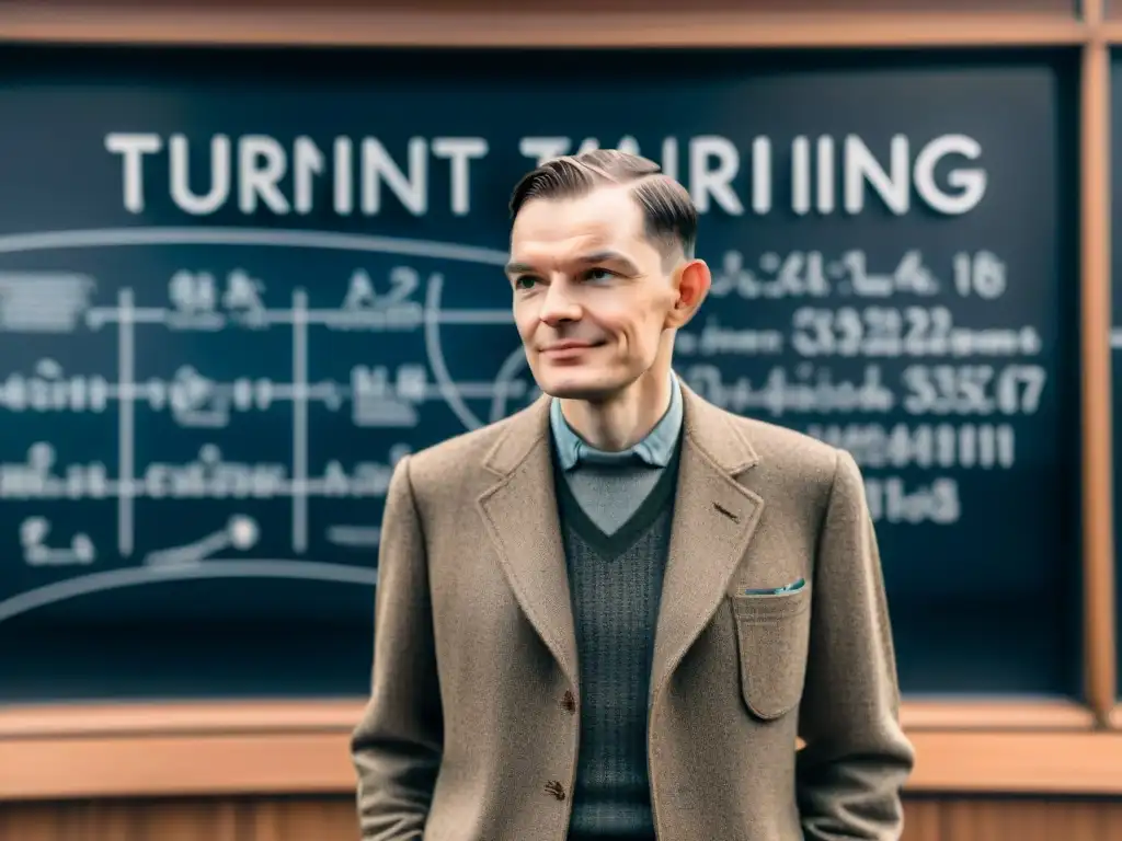 Imagen de Alan Turing frente a una pizarra con ecuaciones matemáticas, mostrando su legado en criptografía y exploración espacial