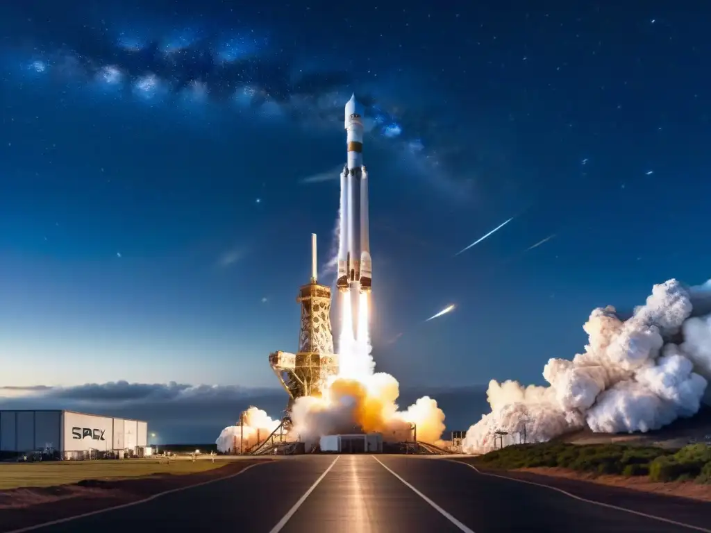 Una imagen impactante de un cohete Falcon 9 de SpaceX en la plataforma de lanzamiento, con una noche estrellada y la Vía Láctea brillando