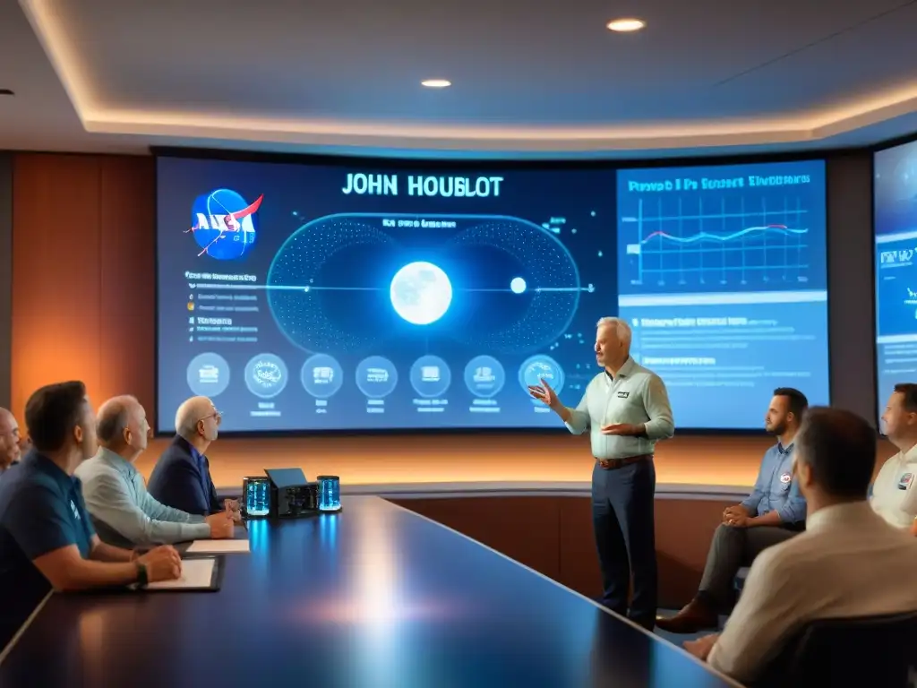 La imagen muestra la importancia del rendezvous lunar con John Houbolt y el equipo de NASA, en una intensa discusión de estrategias