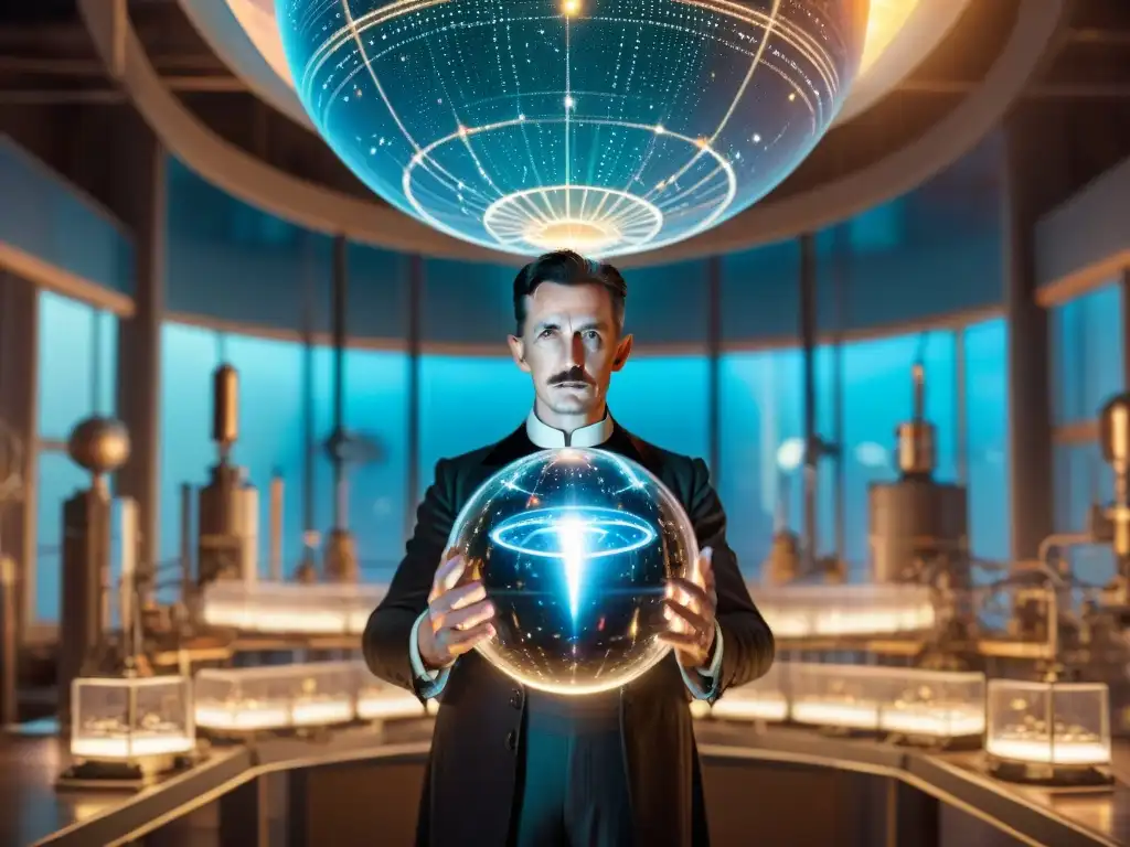 La imagen muestra a Nikola Tesla en un laboratorio futurista rodeado de tecnología espacial, con una esfera holográfica y energía brillante