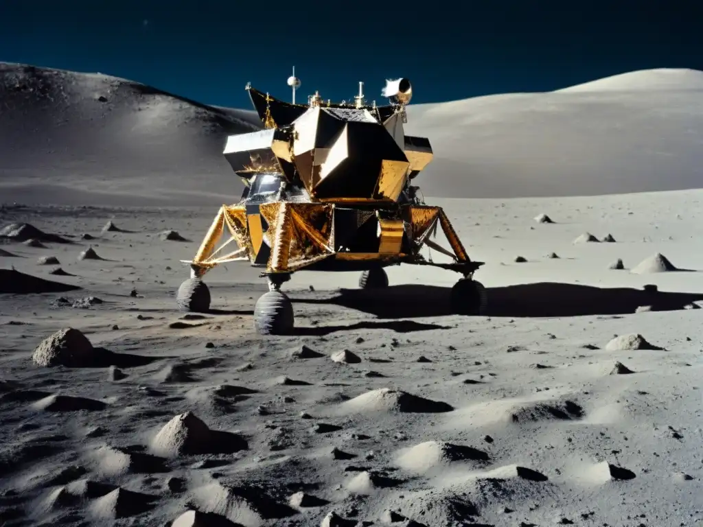 La imagen muestra al módulo lunar Challenger en la superficie lunar, con la Tierra al fondo