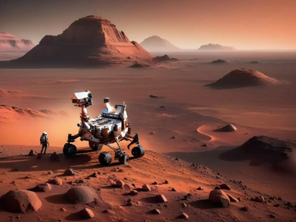 Exploración robótica en Marte: detalle futurista La imagen muestra un robot autónomo explorando Marte al atardecer