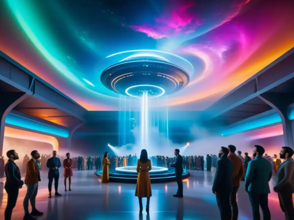 En la imagen, seres alienígenas realizan un ritual en una estación espacial, fusionando religión y ciencia en un mundo futurista