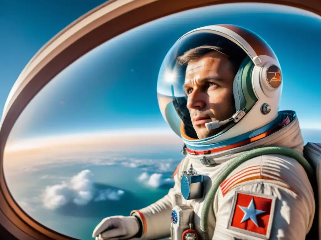 La imagen muestra a Yuri Gagarin en su traje espacial, contemplando la Tierra desde la ventana de la nave espacial