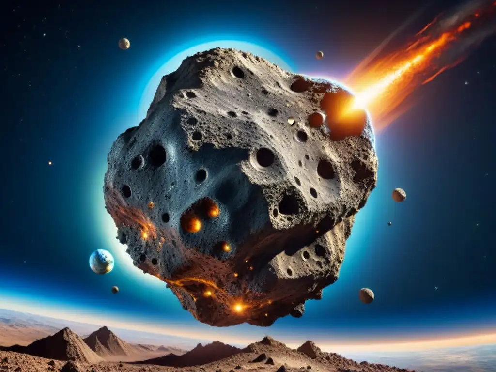 Un impactante asteroide se acerca a la Tierra desde el espacio, mostrando su textura y cráteres