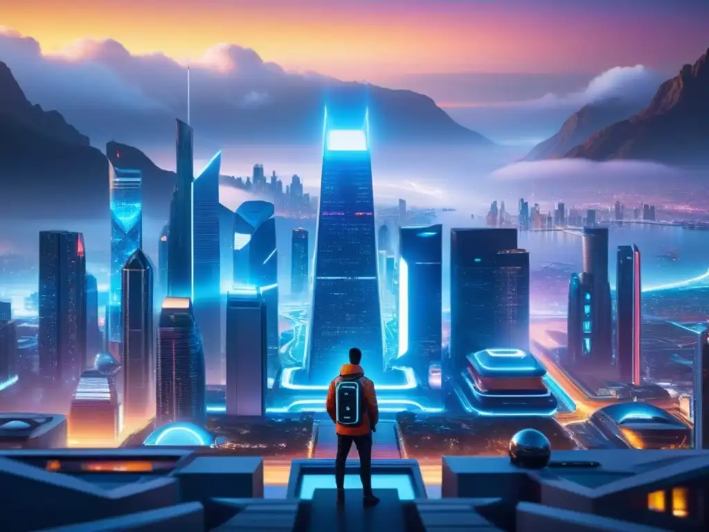 Impactante ciudad futurista al atardecer con tecnología avanzada y toques de ciencia ficción