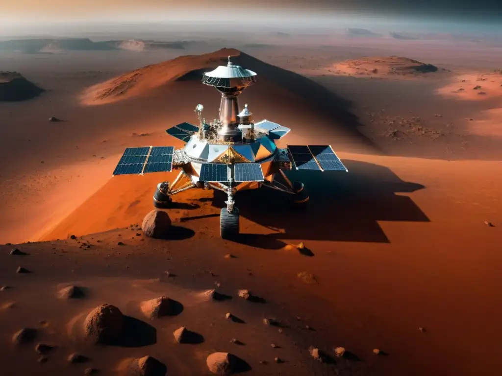 Impactante exploración espacial Marte siglo XXI: nave de la misión ExoMars descendiendo en paisaje marciano rojo