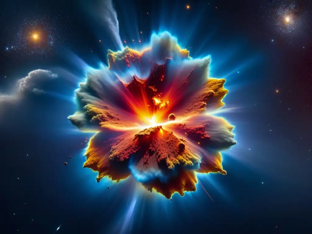 Impactante explosión supernova en el universo, con colores vibrantes y detallados patrones de gas y escombros en el espacio cósmico