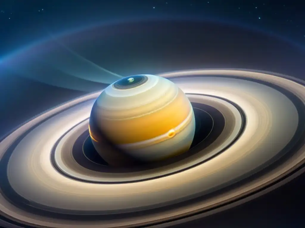 Una impactante imagen de la nave espacial Cassini orbitando Saturno, revelando los misterios de la estructura interna del planeta