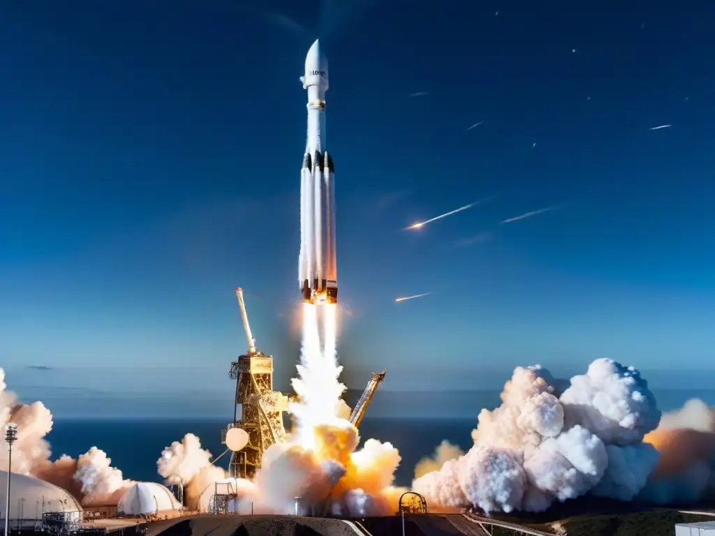 Impactante lanzamiento de un cohete SpaceX Falcon 9 en la noche, iluminando el cielo con su estela de fuego