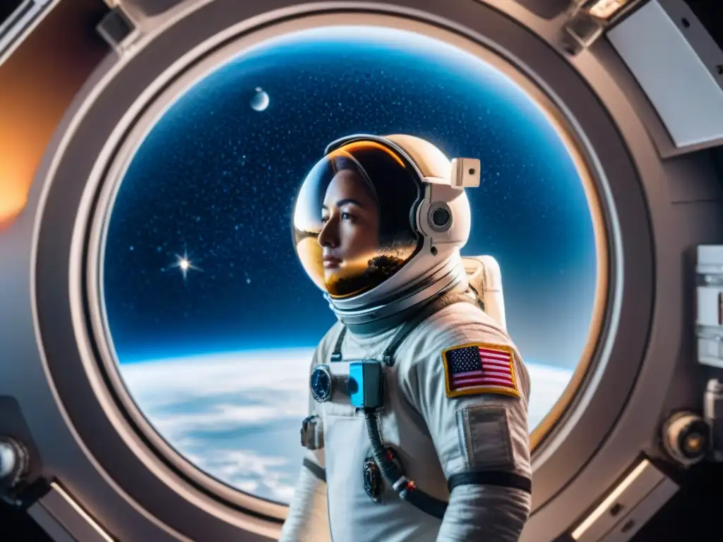 Explorando la belleza del espacio desde la estación espacial Impacto de los viajes espaciales en la percepción: un astronauta contempla la Tierra desde la estación espacial, rodeado de estrellas