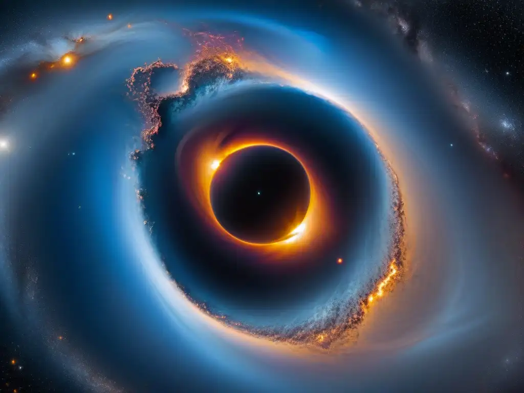 Galaxia distante: agujero negro masivo y estelar Imponente agujero negro en galaxia distante, rodeado de gases y estrellas