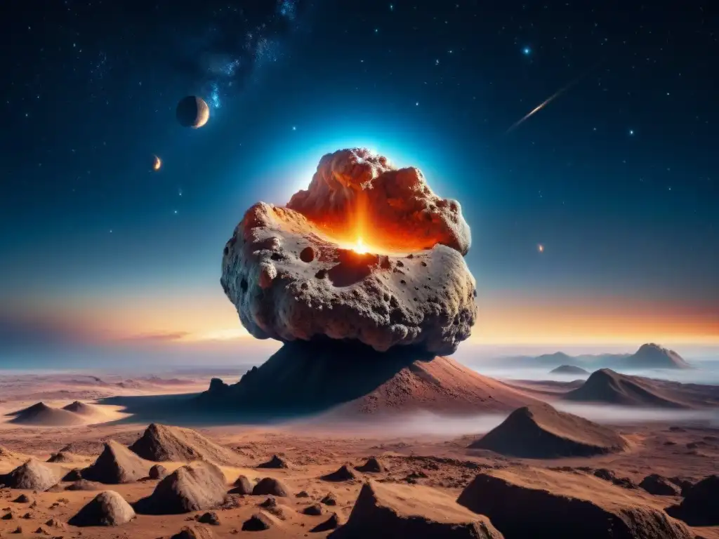 Imponente asteroide en el espacio, revelando la historia de impactos en su superficie rocosa
