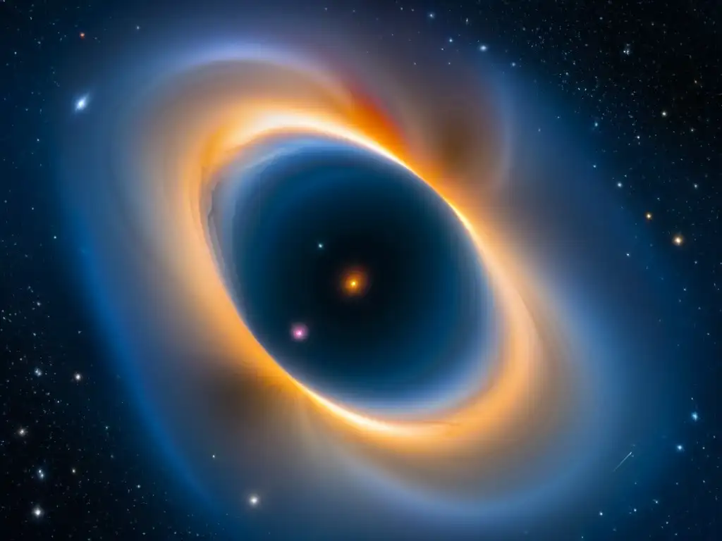 Imponente imagen de un cúmulo de galaxias con efecto lente gravitacional de agujeros negros, revelando distorsiones en el espacio-tiempo