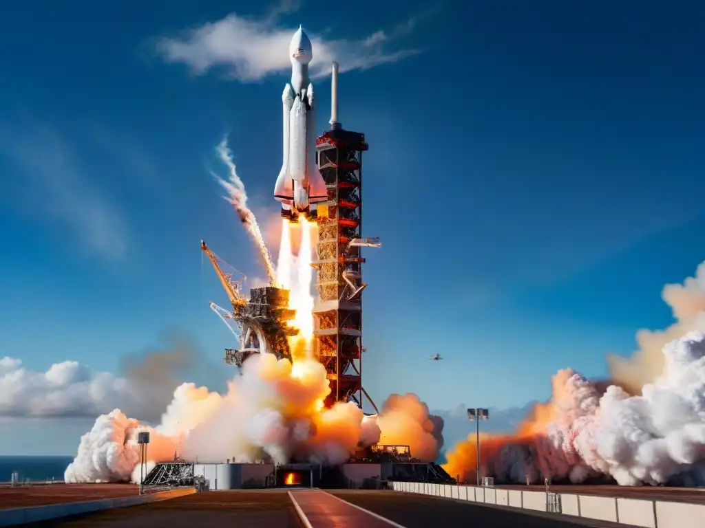 Imponente lanzador Falcon Heavy ascendiendo con potencia a través del cielo azul, uno de los Vehículos lanzadores más grandes en acción