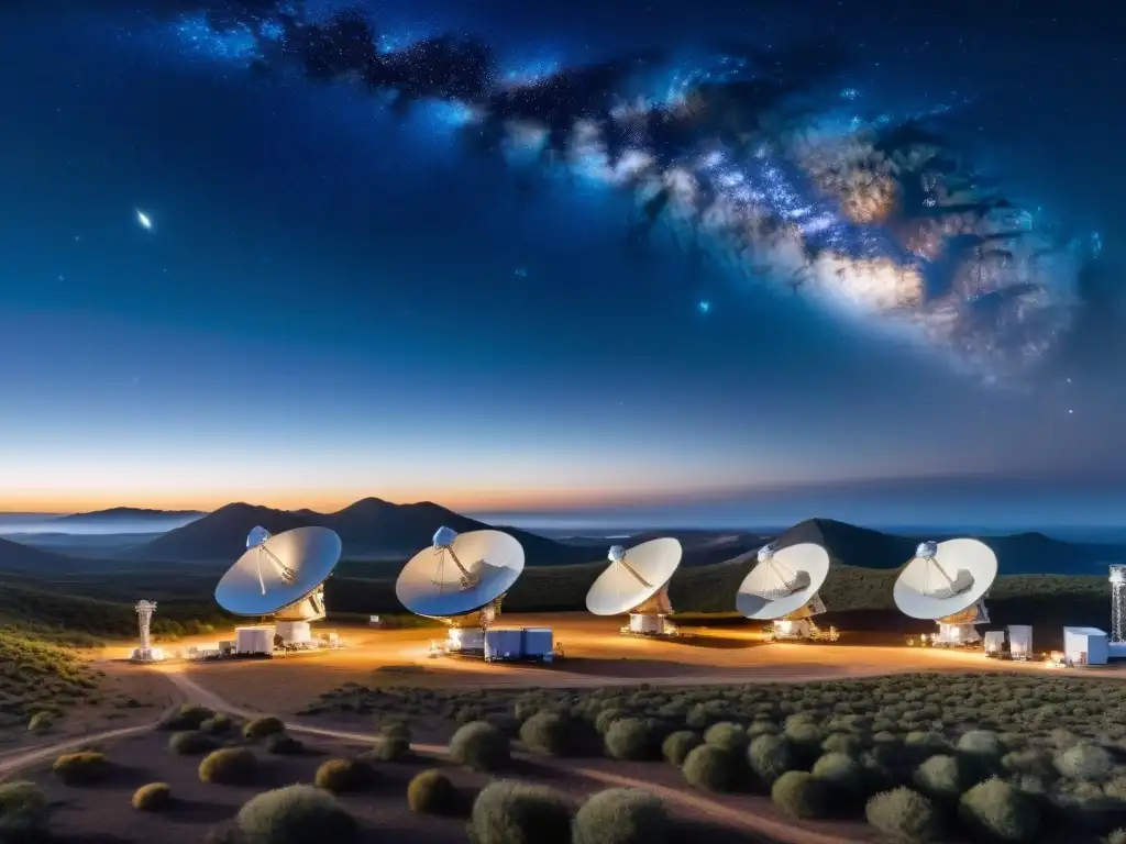 Imponente tecnología espacial: antenas del Deep Space Network apuntando al cielo estrellado, simbolizando comunicaciones interplanetarias