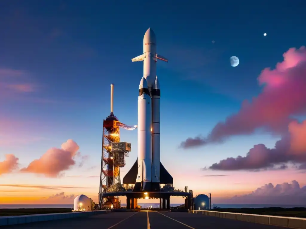 Importancia de Vehículos Lanzadores en Misiones Internacionales: Cohete Falcon Heavy de SpaceX listo para lanzamiento al atardecer en Cabo Cañaveral