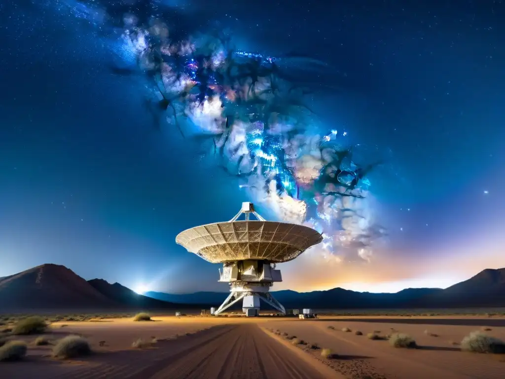 Un impresionante arreglo de radiotelescopios en un desierto remoto, apuntando al cielo estrellado en busca de inteligencia extraterrestre