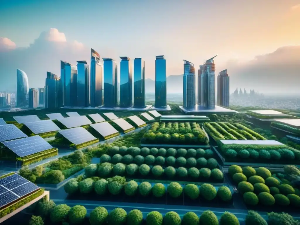 Impresionante ciudad futurista con rascacielos verdes y vehículos voladores, simbolizando la ciencia ficción y cambio climático