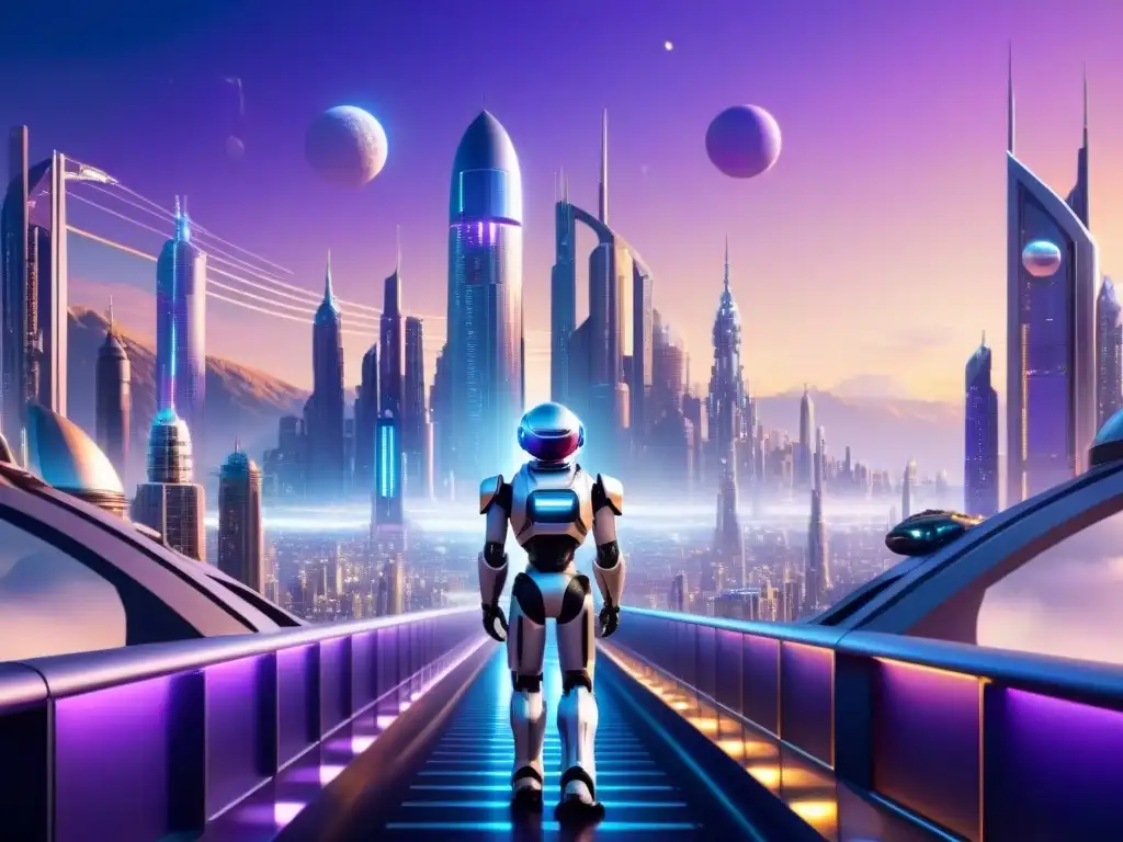 Impresionante ciudad futurista con robots humanoides en armonía bajo cielo morado