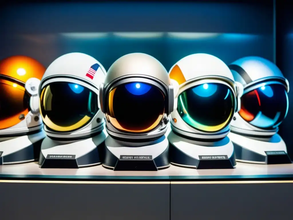 Una impresionante colección de réplicas exactas de cascos de astronauta, detalladamente diseñados y expuestos bajo una suave iluminación de museo