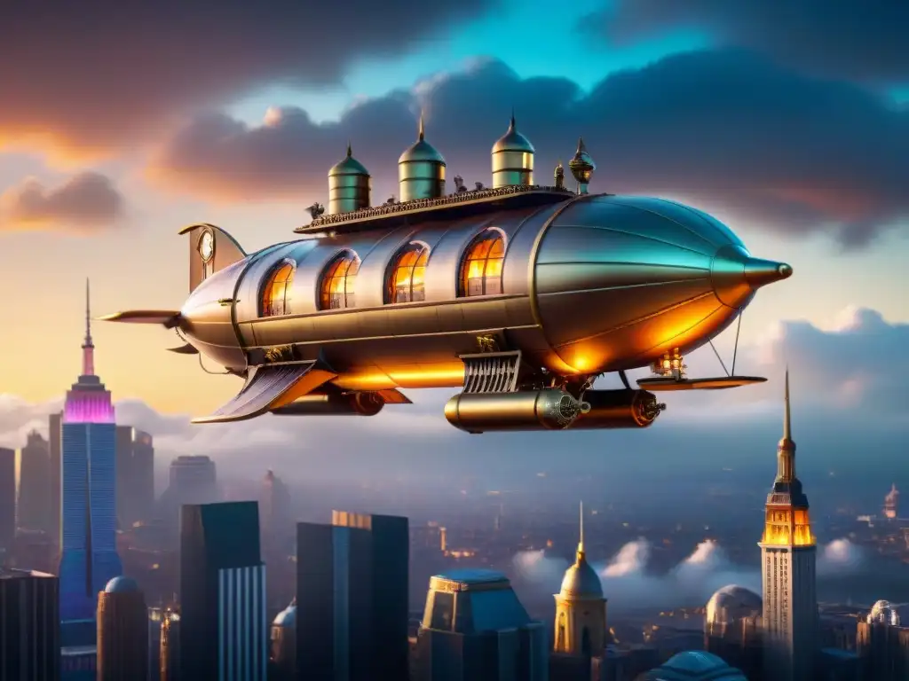 Un impresionante dirigible steampunk surcando una ciudad futurista, fusionando diseño victoriano con tecnología avanzada