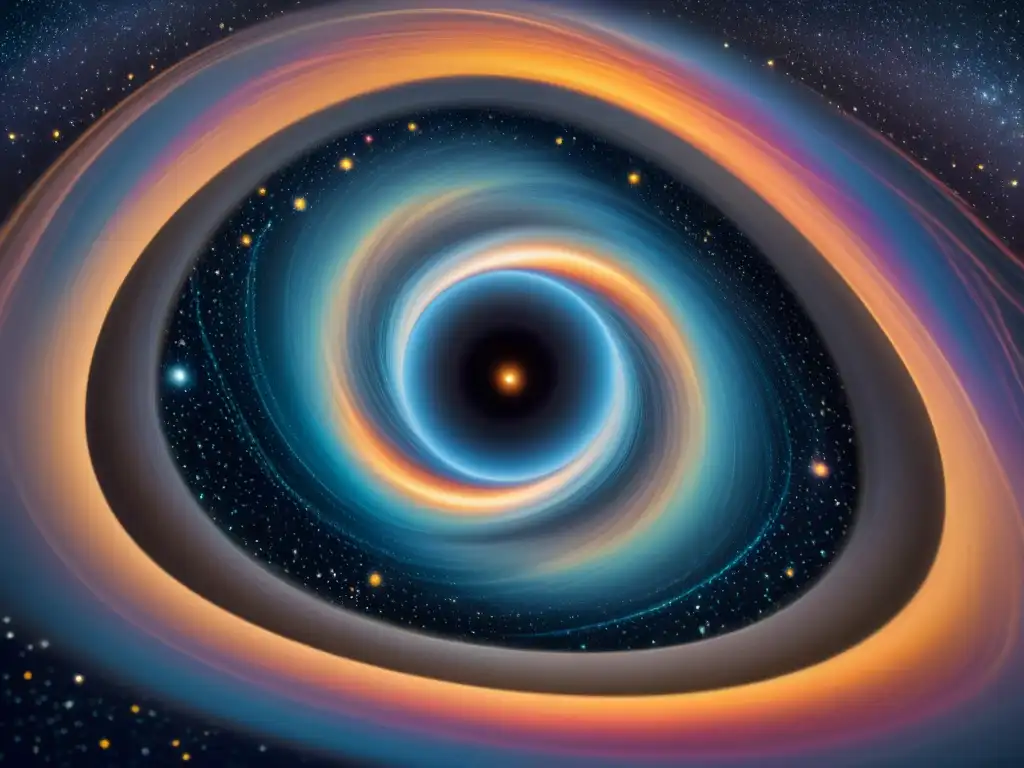 Un impresionante efecto de lente gravitacional en una ilustración del espacio-tiempo curvo, mostrando un agujero negro distorsionando la tela del espacio y el tiempo con rayos de luz coloridos que se doblan alrededor