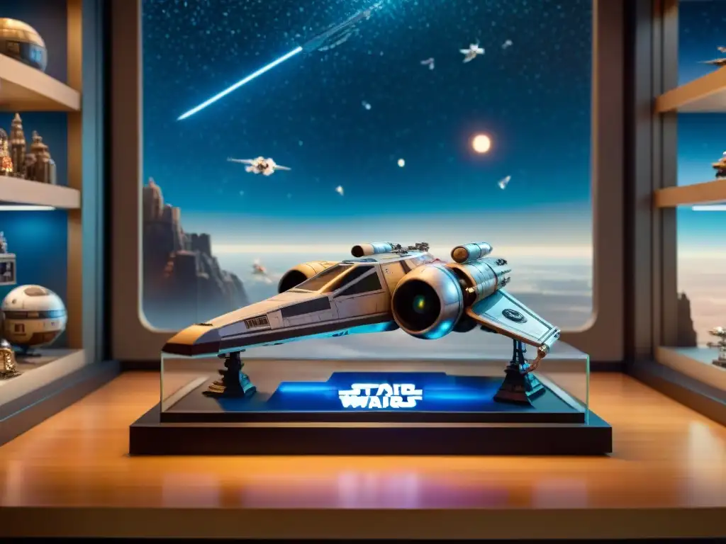 Un impresionante escaparate de modelos de naves Star Wars coleccionables en detallada exhibición