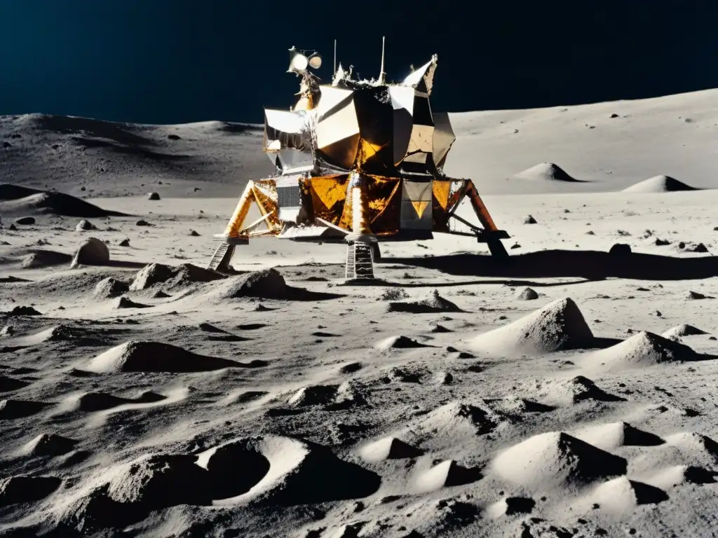 La impresionante exploración en la misión Apollo 11: Eagle aterriza en la luna, mostrando contraste lunar y tecnología espacial