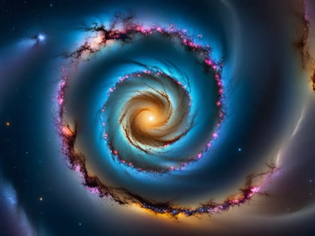 Un impresionante galaxy espiral con detallados polvos, cúmulos estelares y nebulosas, en una danza cósmica