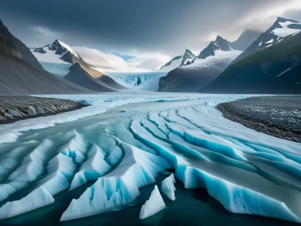 Un impresionante glaciar se desploma en el océano bajo un cielo tormentoso en el Fin del Mundo ciencia ficción