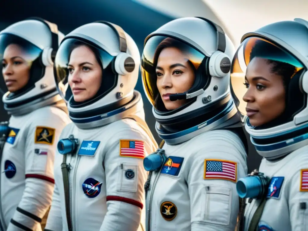 Una impresionante imagen de astronautas femeninas destacadas listas para su misión espacial, representando la diversidad y la determinación