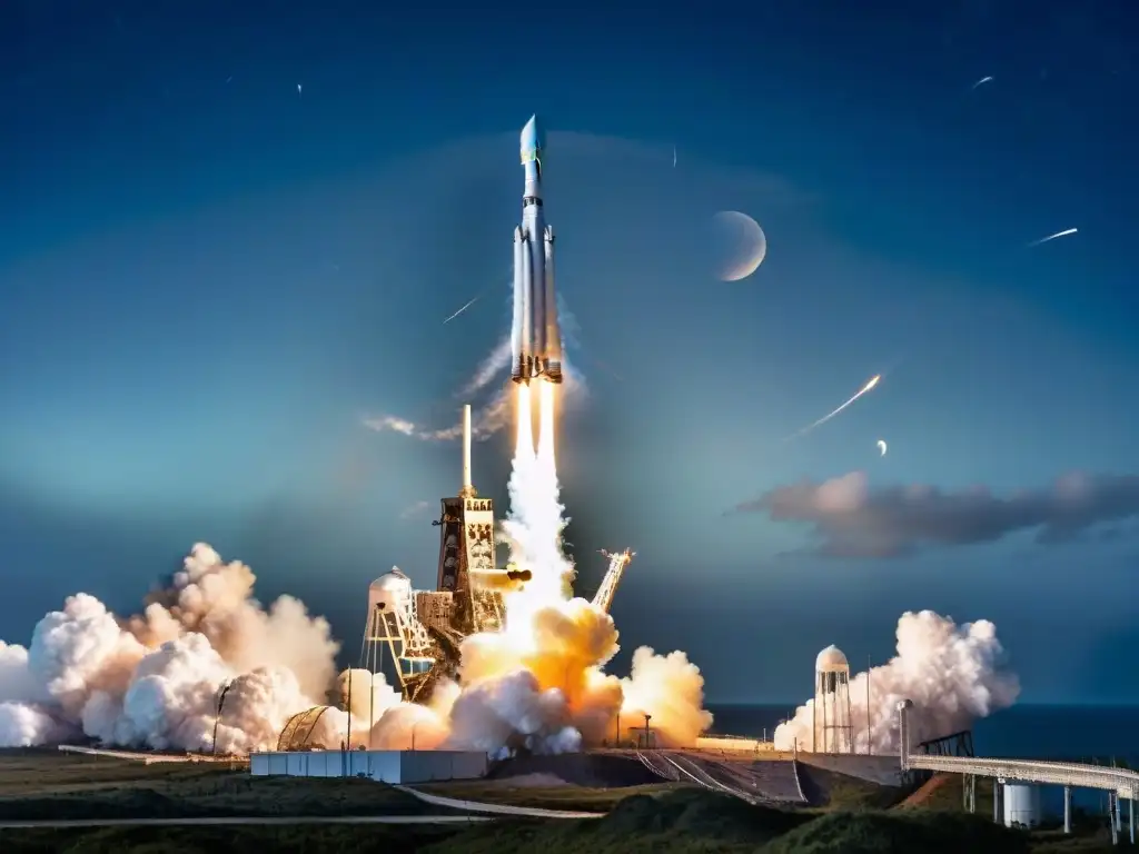 Impresionante lanzamiento del cohete Falcon 9 de SpaceX desde Cabo Cañaveral, con un cielo estrellado y la luna llena